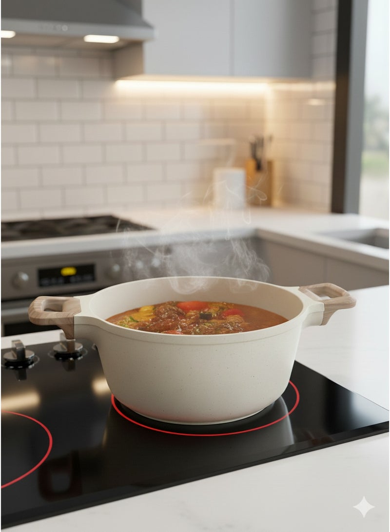 توب شيف طقم أدوات طهي وقدور ومقالي مطلية بالجرانيت بأسطح مانعة للالتصاق ومقابض خشبية وأغطية من الزجاج مزودة بالسيليكون المقوى وخالية من حمض بيرفلورو الأوكتانويك مكون من 10 قطع - لون بيج - Image 3